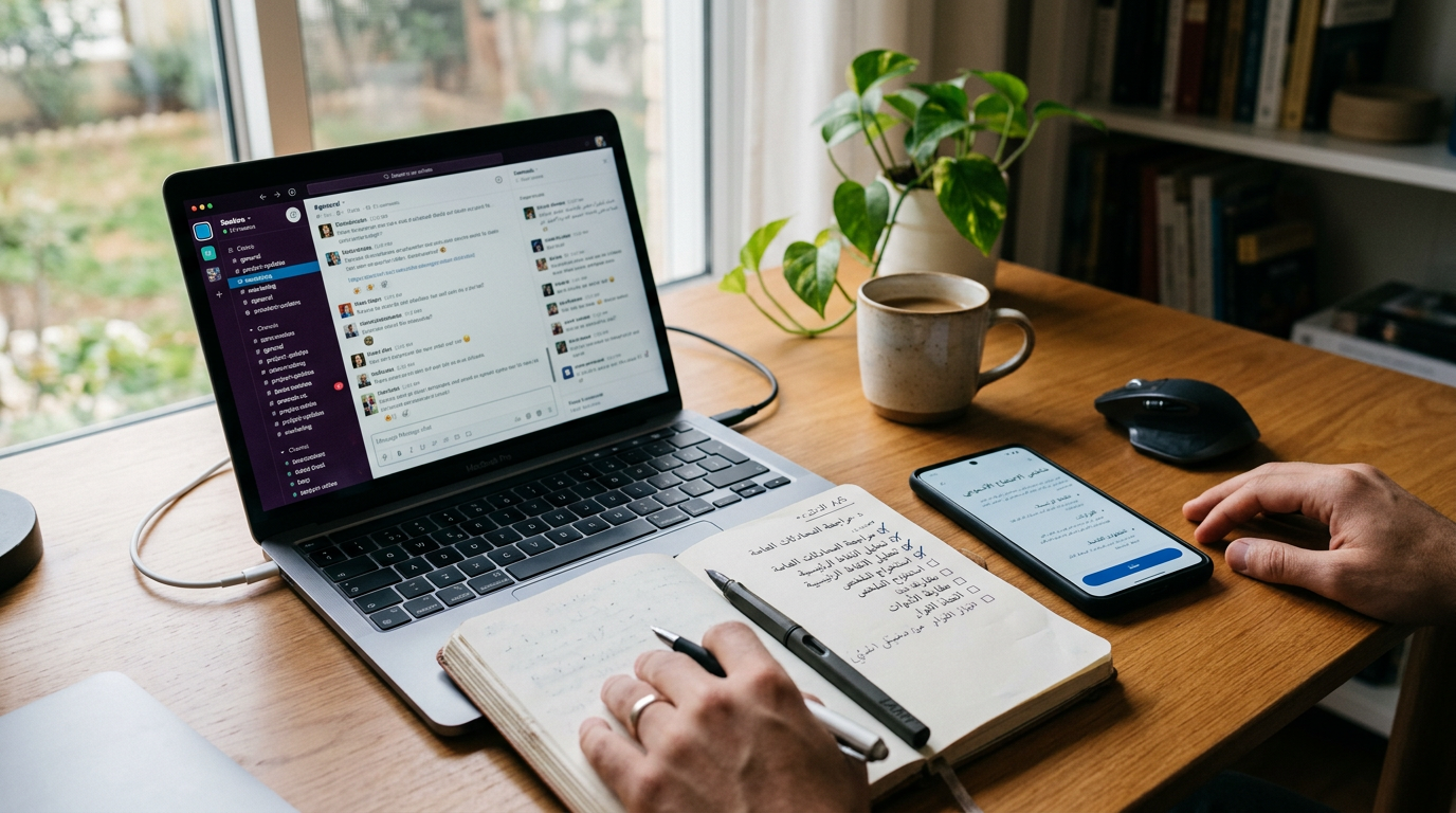 مساحة عمل واقعية تُظهر لحظة مقارنة: لابتوب يحتوي على نوافذ محادثة عامة، ودفتر مل...