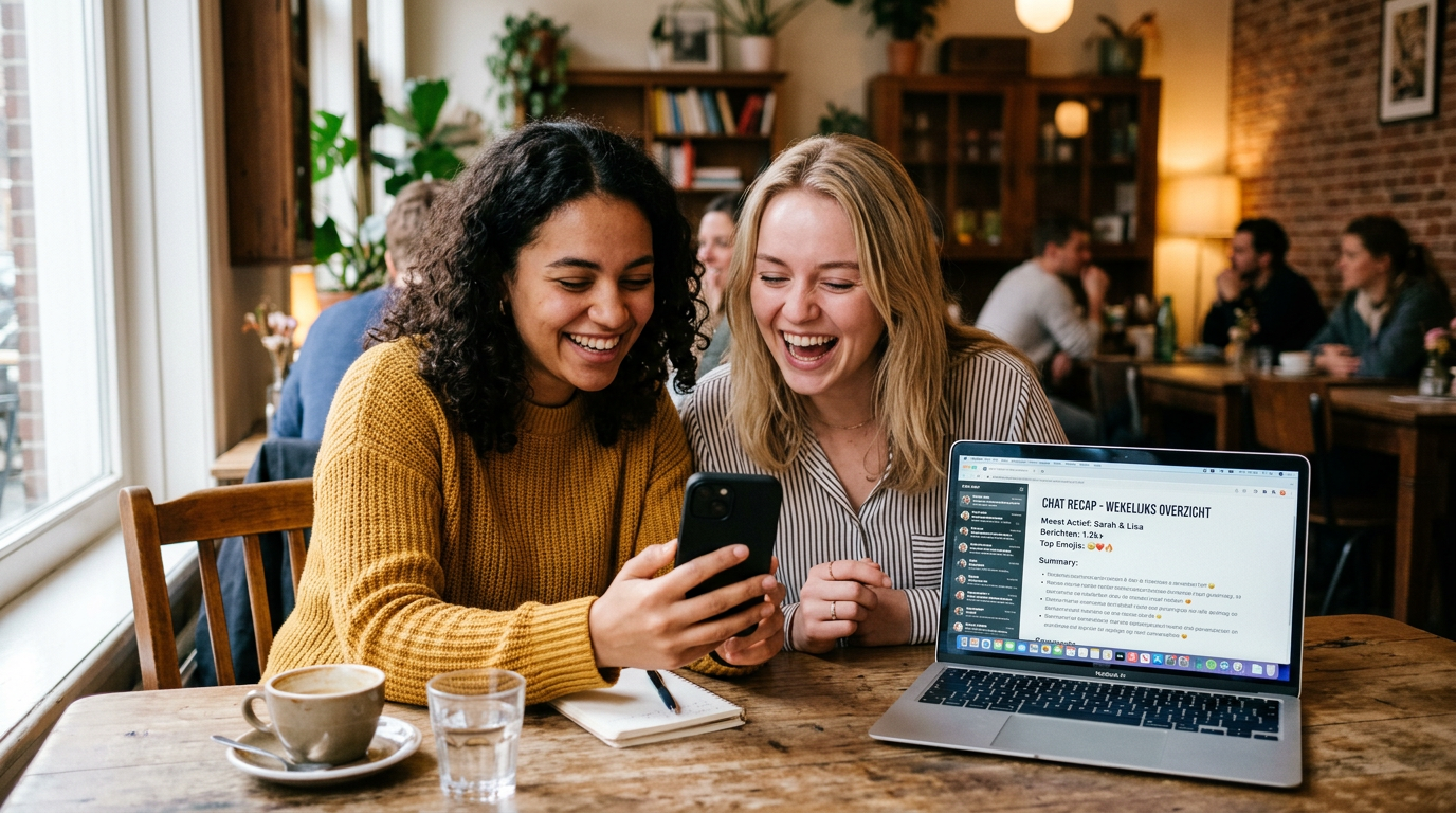 Authentieke scène van twee vrienden die aan een tafel zitten, naar een telefoon ...