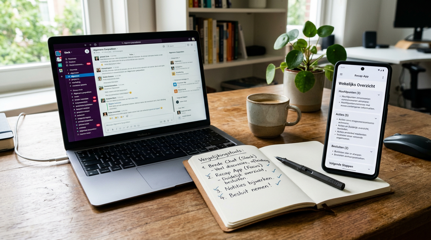 Realistische werkplek die een vergelijkingsmoment toont: een laptop met algemene...