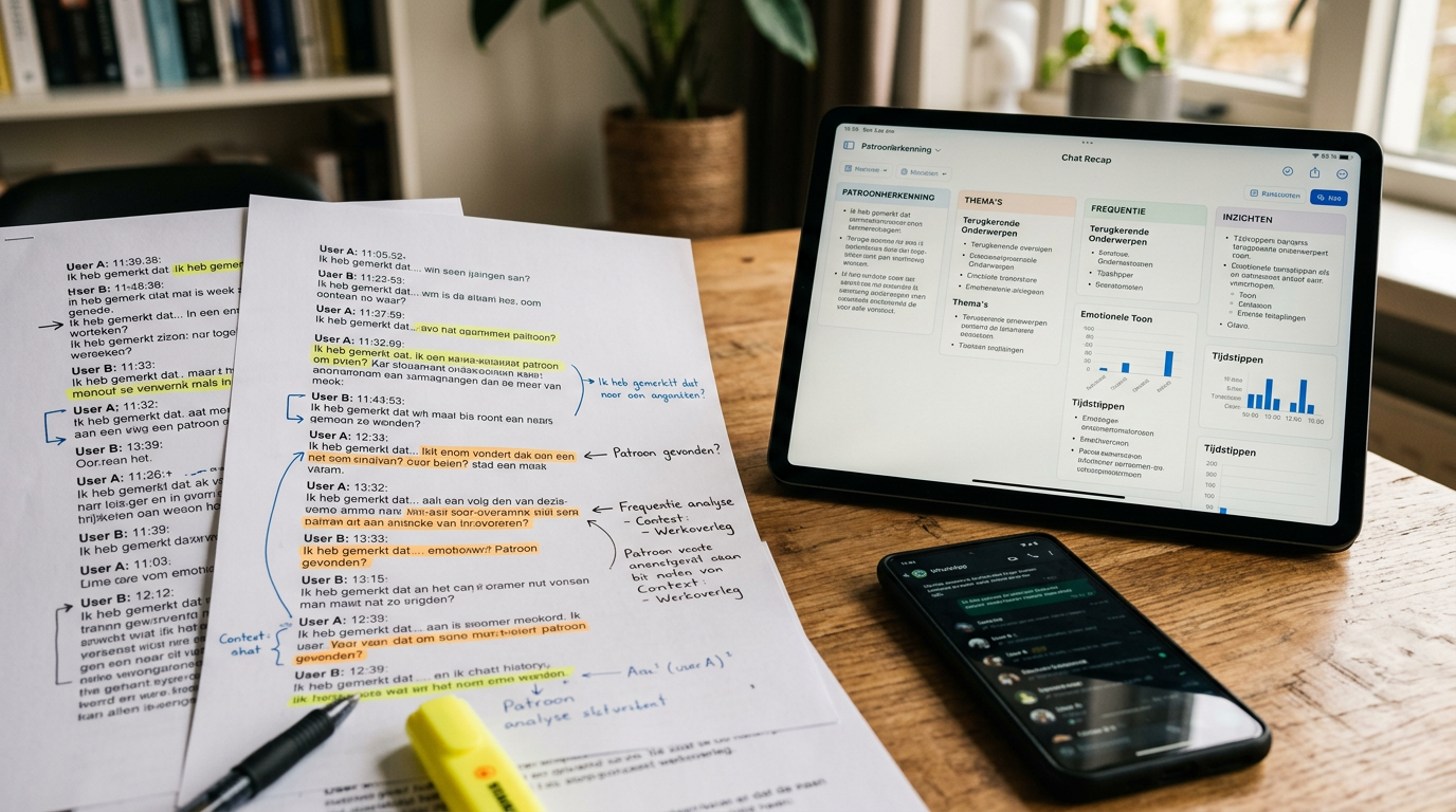 Realistische close-up van een bureau met geprinte gesprekspagina's, gemarkeerde ...