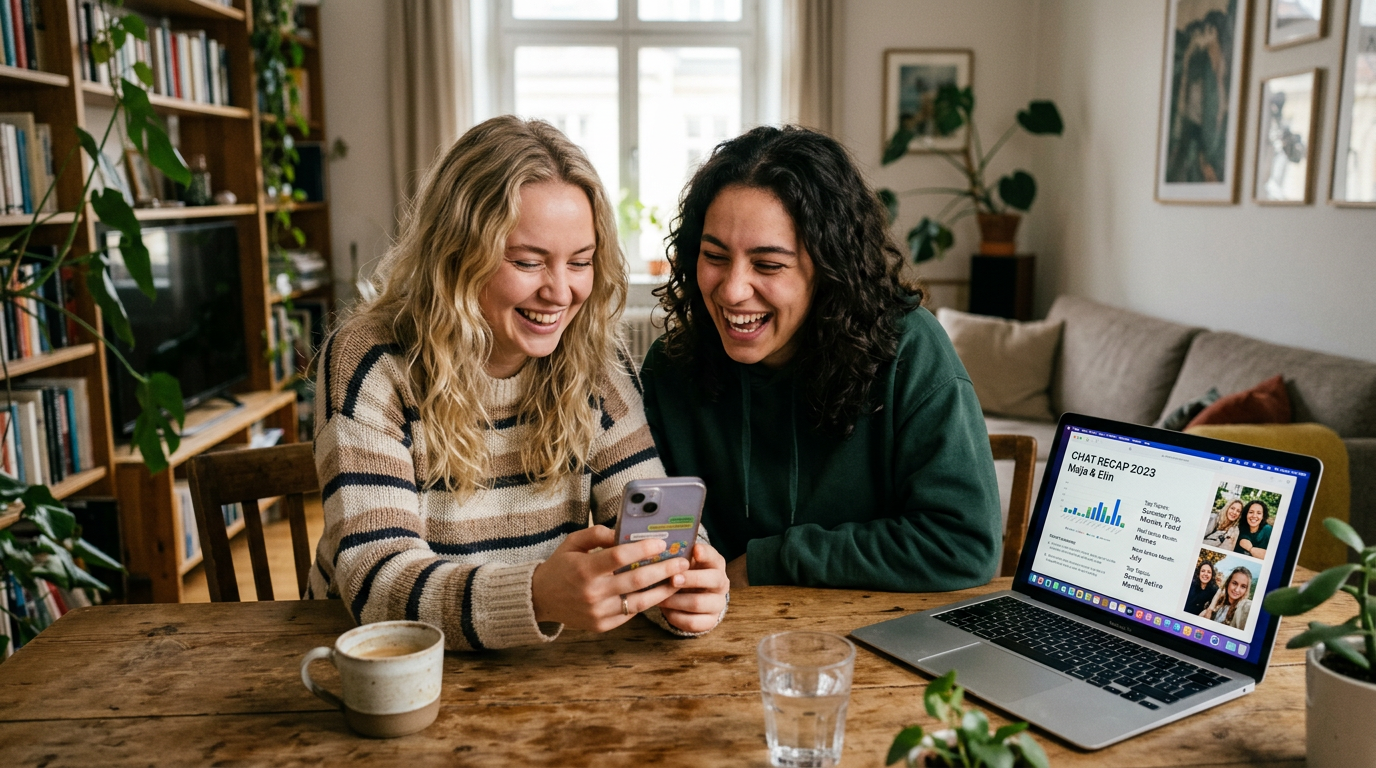 Autentisk scen där två vänner sitter vid ett bord, tittar på en telefon och skra...
