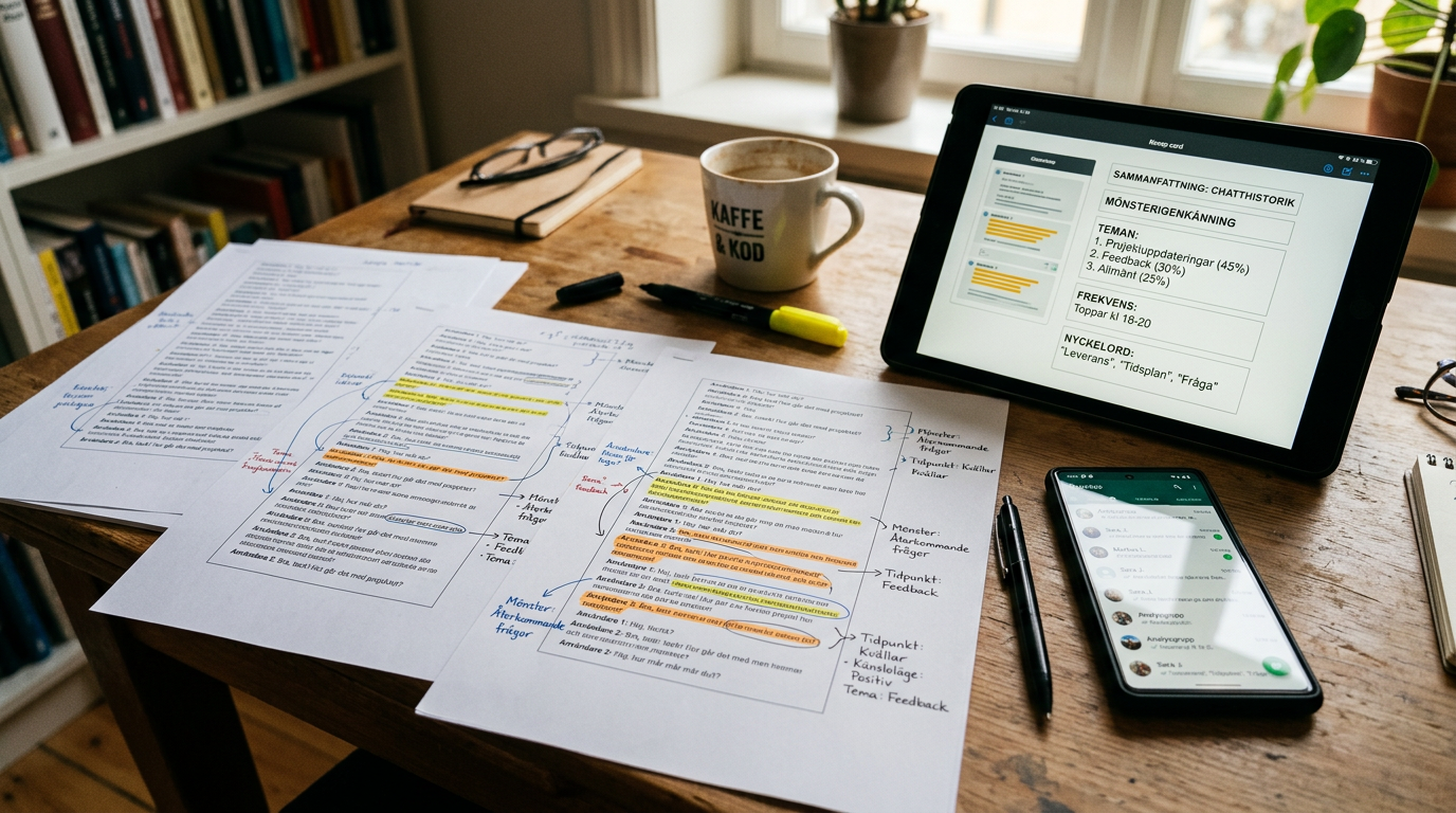 Realistisk närbild av ett skrivbord med utskrivna konversationssidor, markerade ...