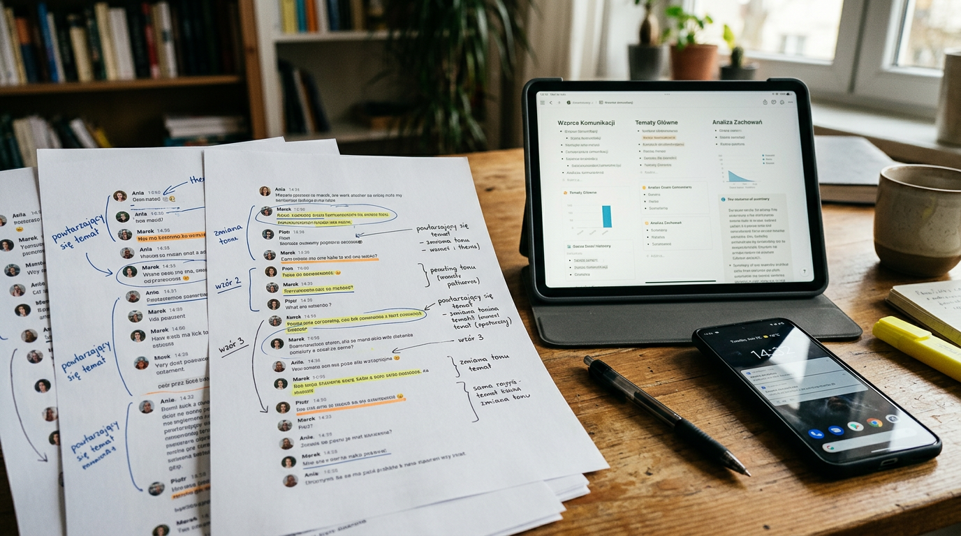 Realistyczne zbliżenie na biurko z wydrukowanymi stronami rozmów, podkreślonymi ...