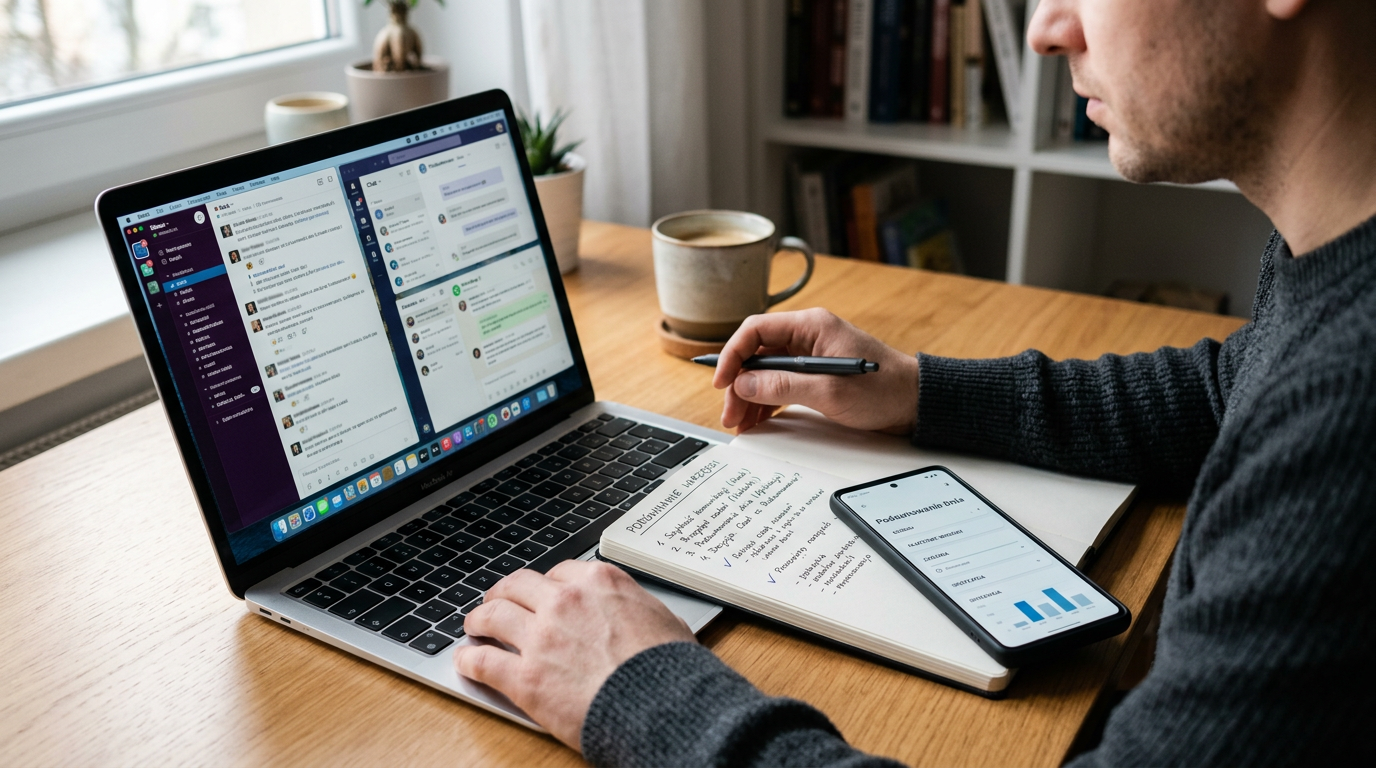 Realistyczne stanowisko pracy pokazujące moment porównania: laptop z ogólnymi ok...