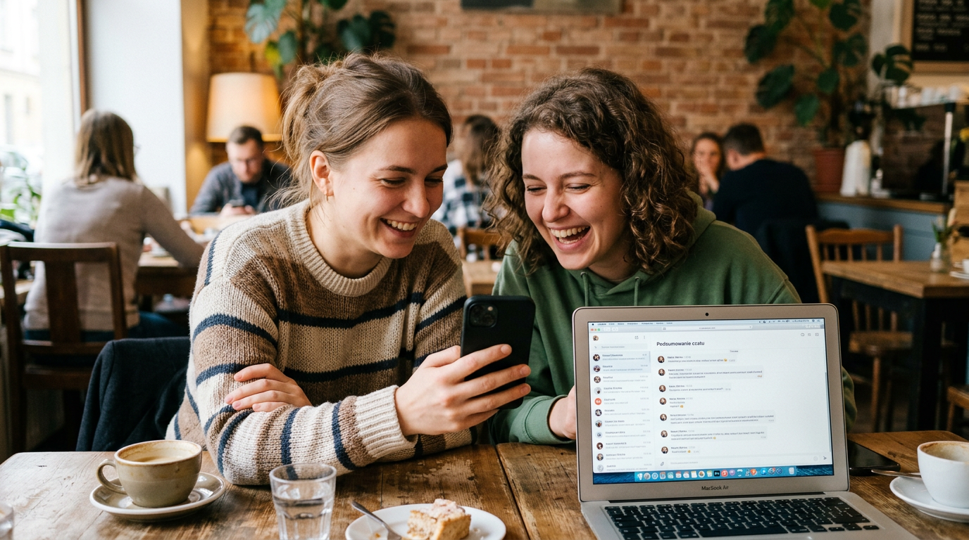 Autentyczna scena dwóch znajomych siedzących przy stole, patrzących na telefon i...