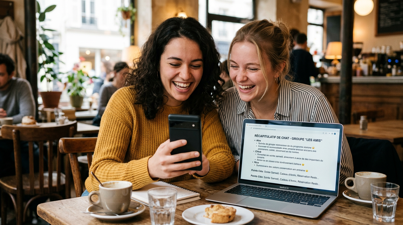 Scène authentique de deux amis assis à une table, regardant un téléphone et rian...