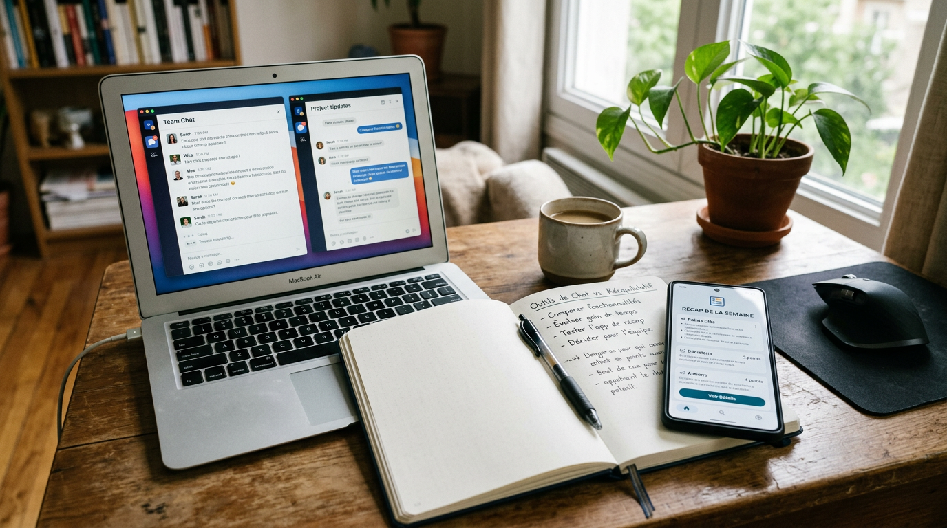 Espace de travail réaliste montrant un moment de comparaison : un ordinateur por...