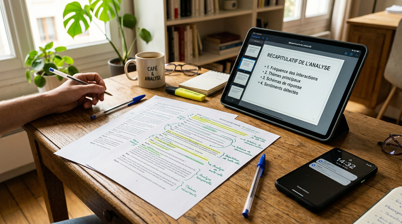 Gros plan réaliste d’un bureau avec des pages de conversation imprimées, des not...