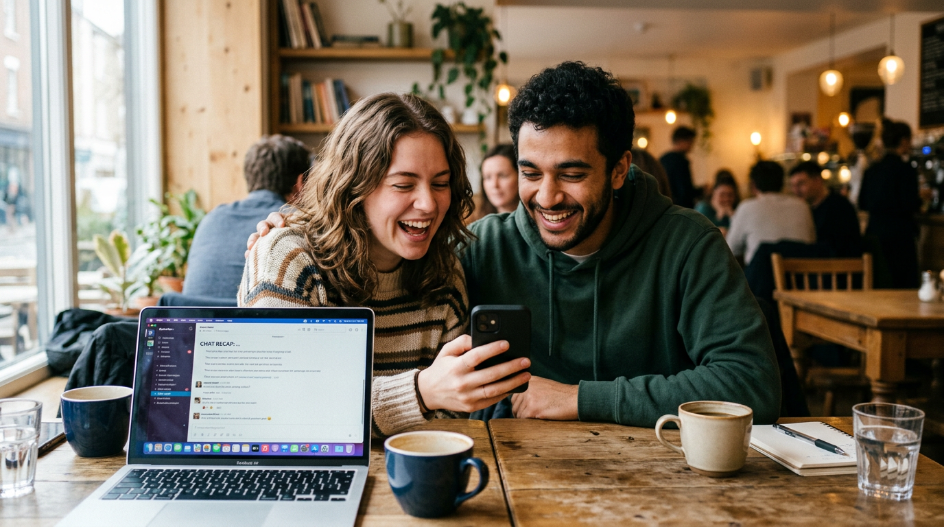 Живая сцена: двое друзей сидят за столом, смотрят в телефон и смеются, одновреме...