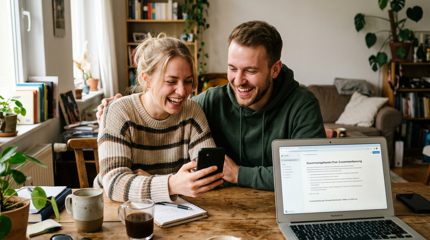 Authentische Szene mit zwei Freunden, die an einem Tisch sitzen, auf ein Smartph...