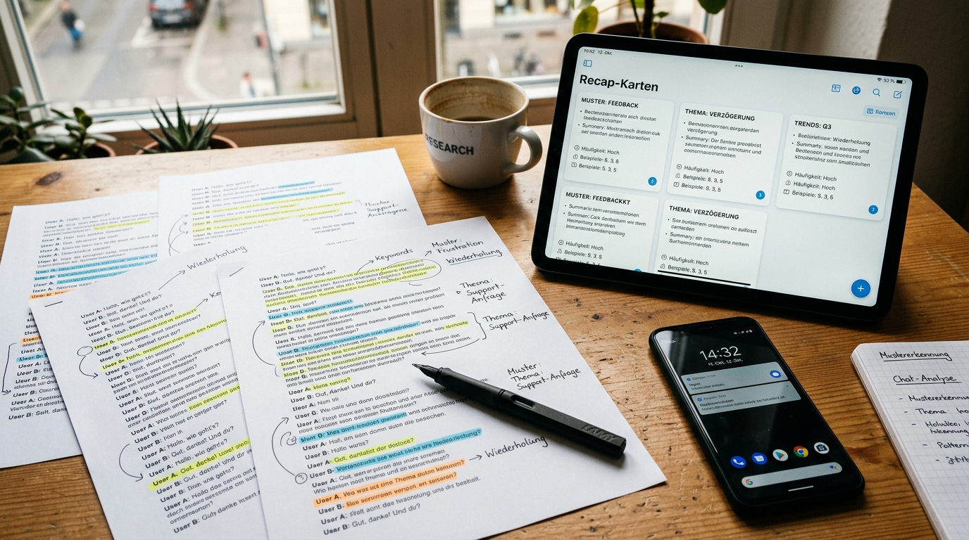 Realistische Nahaufnahme eines Schreibtischs mit ausgedruckten Gesprächsseiten, ...