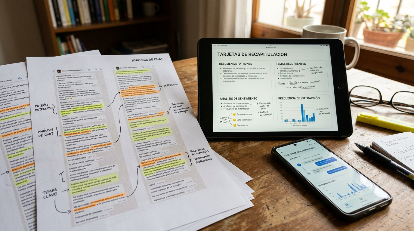 Primer plano realista de un escritorio con páginas impresas de conversaciones, n...