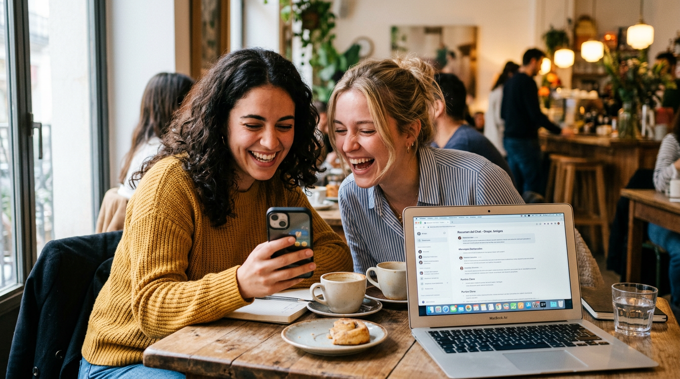 Escena auténtica de dos amigos sentados a una mesa mirando un teléfono y riéndos...