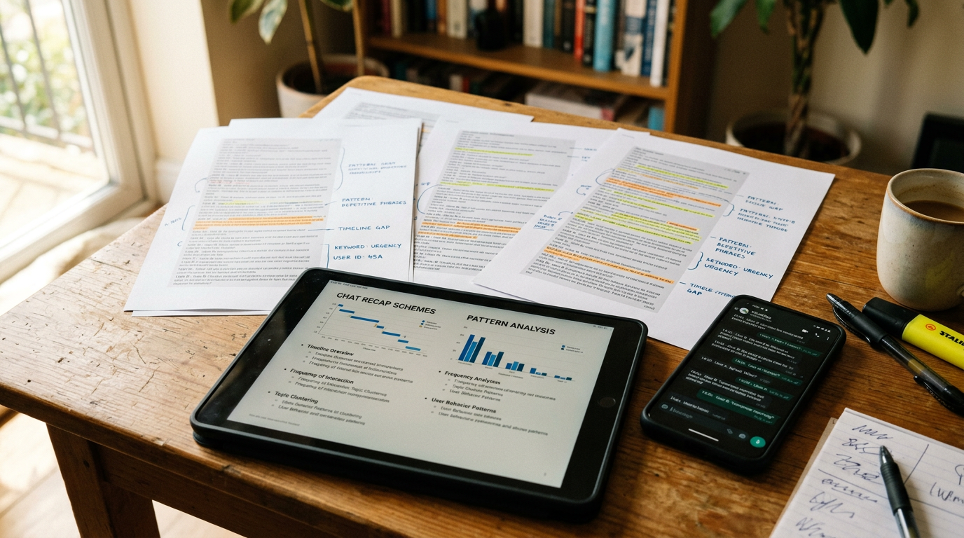 Primo piano realistico di una scrivania con pagine stampate di conversazioni, no...