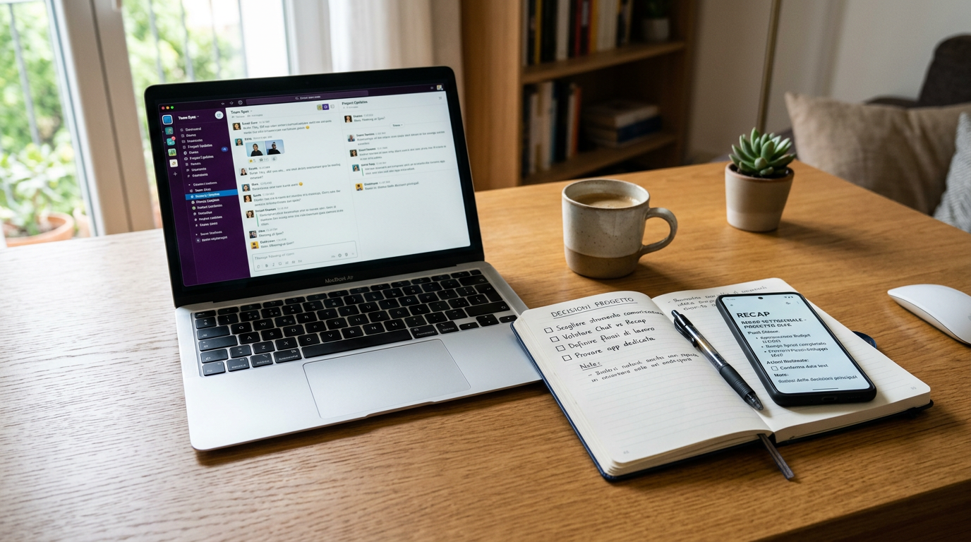 Spazio di lavoro realistico che mostra un momento di confronto: un laptop con fi...
