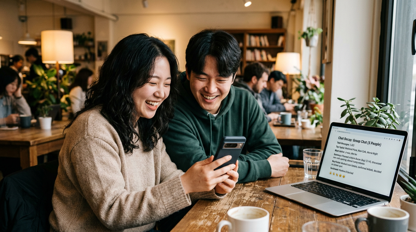 두 친구가 테이블에 앉아 휴대폰을 보며 웃고 있고, 옆의 노트북에는 요약된 채팅 리캡이 보이는 자연스럽고 진짜 같은 장면. 편안한 실내 환경, ...