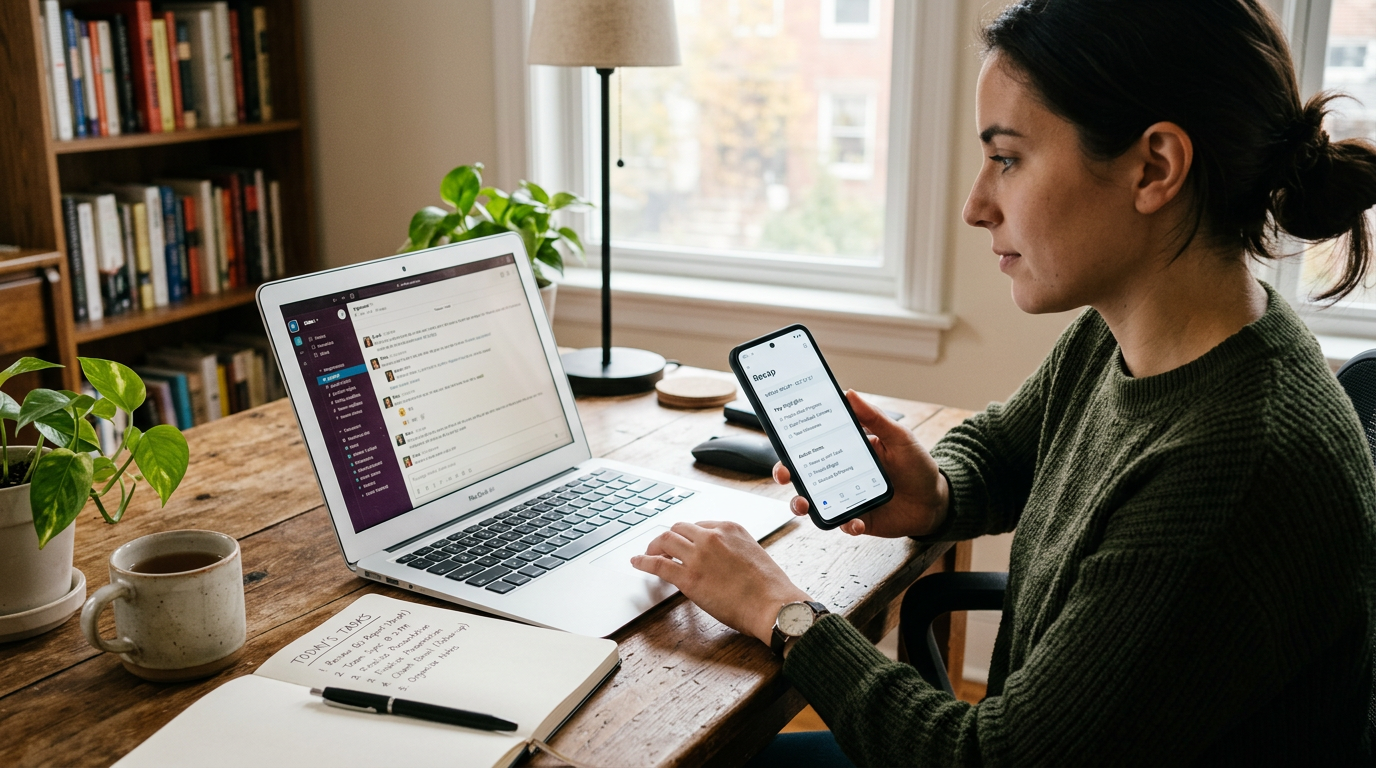 범용 채팅 도구와 리캡 앱 사이에서 선택하는 순간을 보여 주는 사실적인 작업 공간. 노트북에는 일반적인 대화 창이 보이고, 노트에는 체크리스트가...
