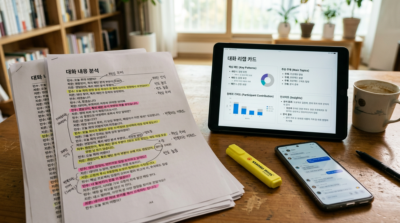 대화 내용을 인쇄한 종이, 형광펜으로 표시한 메모, 구조화된 리캡 카드가 보이는 태블릿, 그리고 근처에 앞면이 보이도록 놓인 스마트폰이 있는 책...