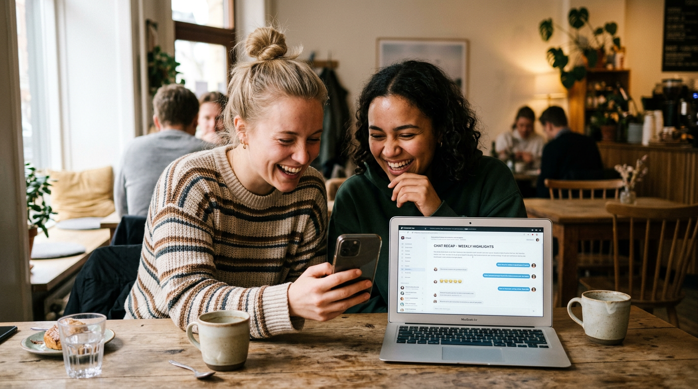 Autentisk scene med to venner, der sidder ved et bord, kigger på en telefon og g...
