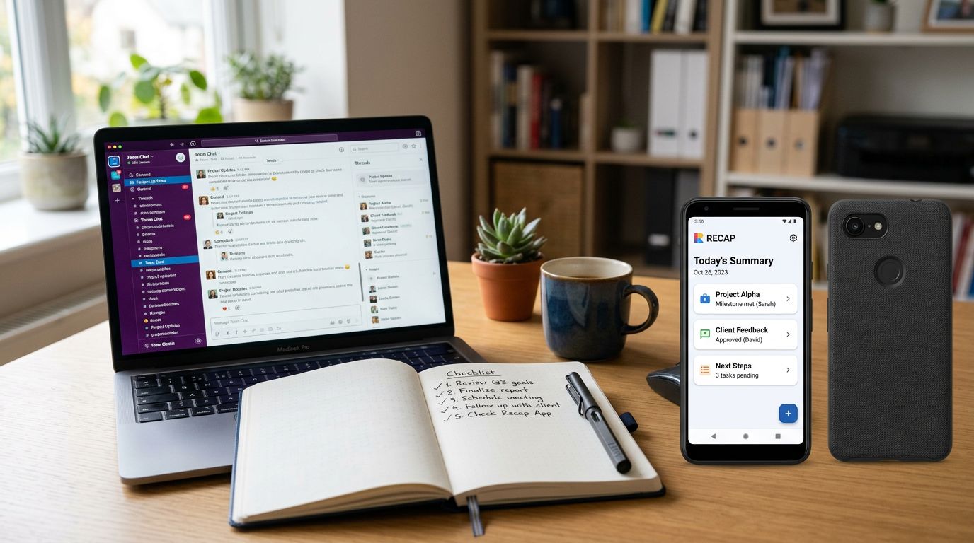 Realistisk arbejdsområde, der viser et sammenligningsøjeblik: en bærbar computer...