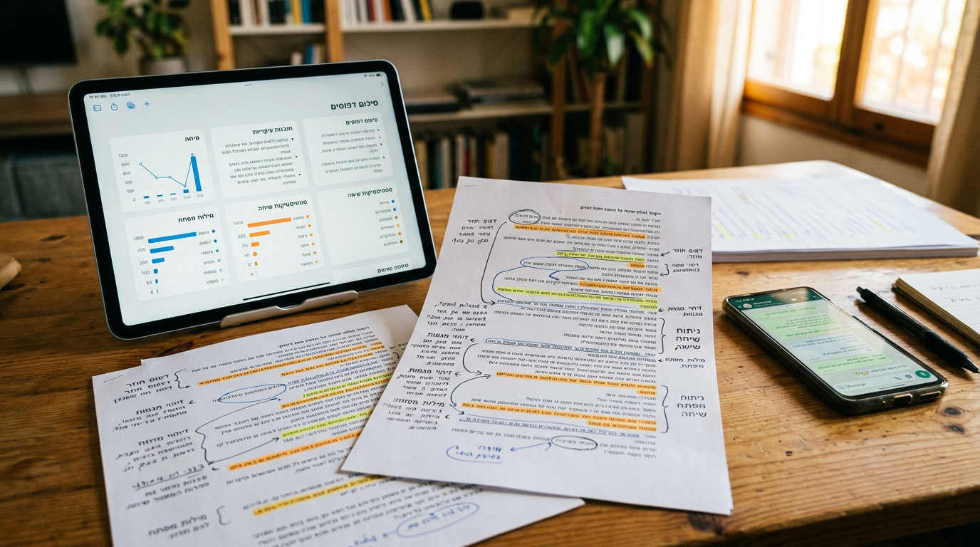 תקריב ריאליסטי של שולחן עם דפי שיחה מודפסים, הערות מודגשות, טאבלט המציג כרטיסי ס...