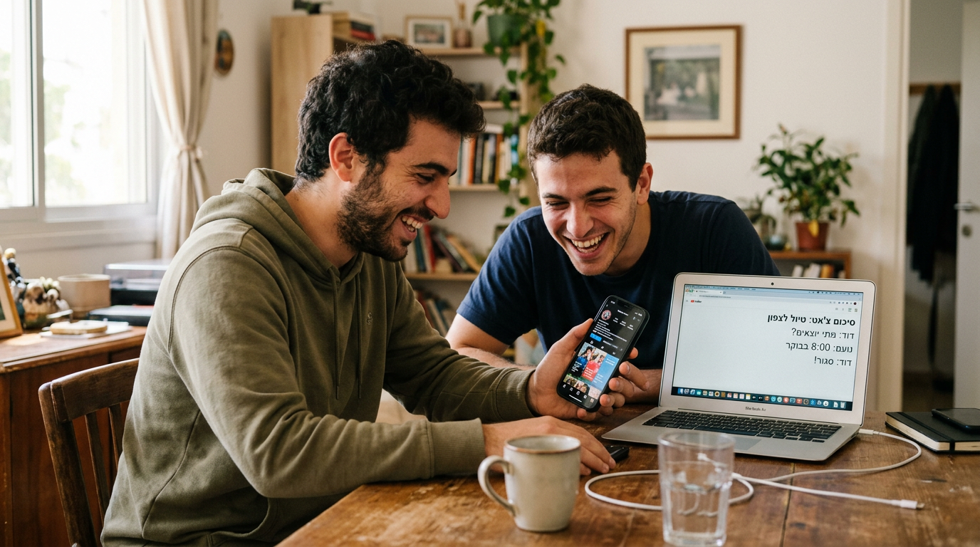 סצנה אותנטית של שני חברים יושבים ליד שולחן, מביטים בטלפון וצוחקים בזמן שהם סוקרי...