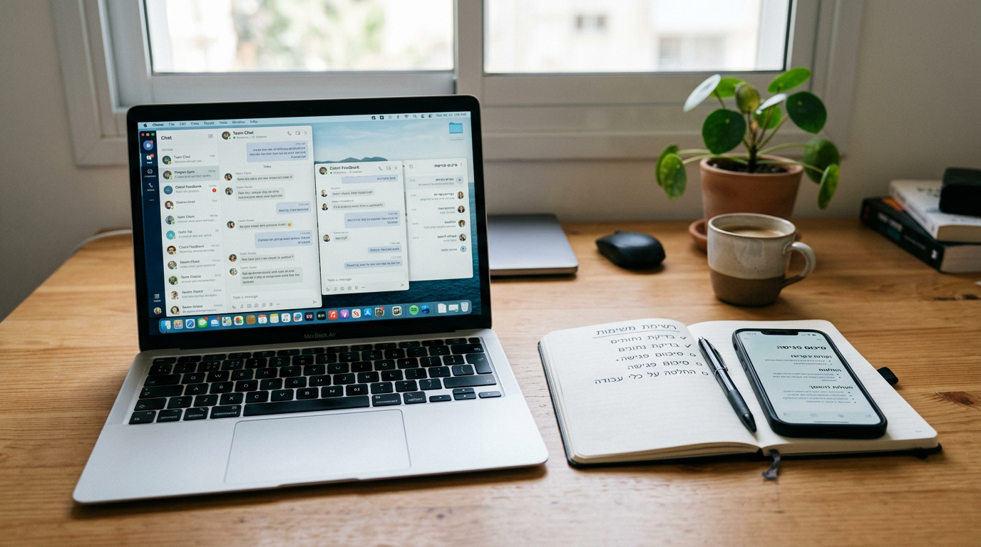 עמדת עבודה ריאליסטית שמציגה רגע של השוואה: מחשב נייד עם חלונות שיחה גנריים, מחבר...