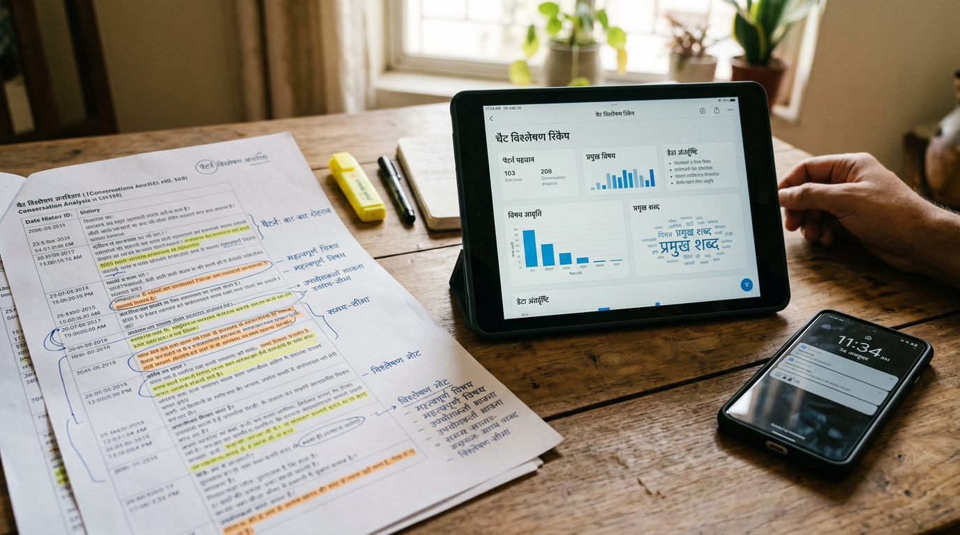 यथार्थवादी क्लोज-अप: मेज़ पर प्रिंट की गई बातचीत के पन्ने, हाइलाइट किए गए नोट्स,...