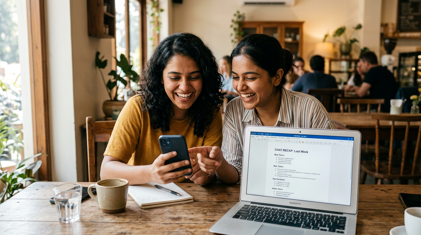 स्वाभाविक दृश्य: दो दोस्त मेज़ पर बैठे हैं, फोन देखते हुए हँस रहे हैं, और पास के...