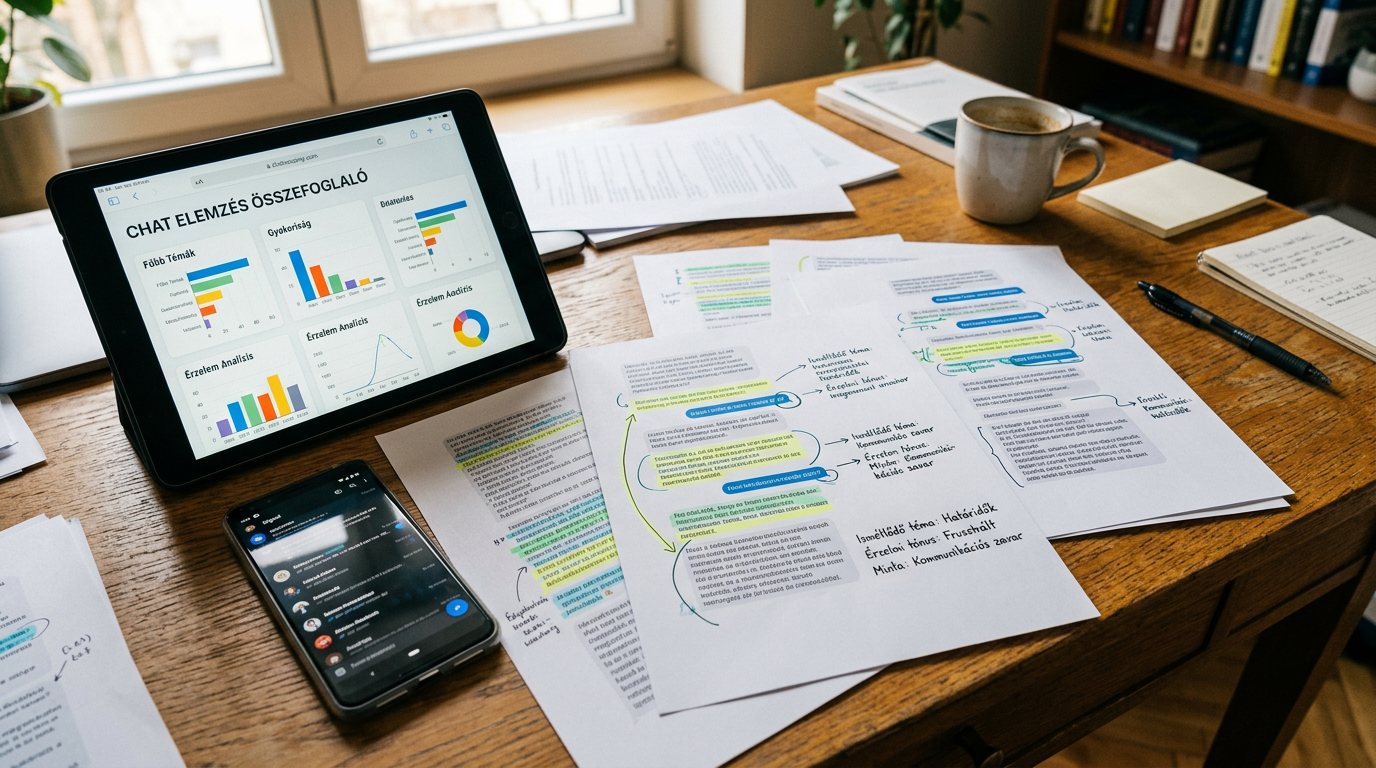 Valósághű közeli jelenet egy íróasztalról kinyomtatott beszélgetésoldalakkal, ki...