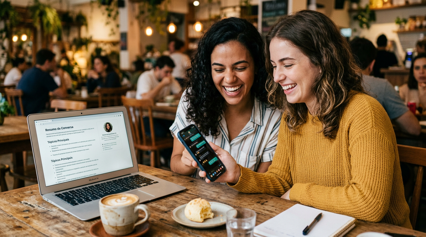 Cena autêntica de dois amigos sentados à mesa olhando para um celular e rindo en...