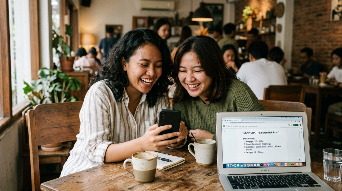 Adegan autentik dua teman duduk di meja sambil melihat ponsel dan tertawa saat m...