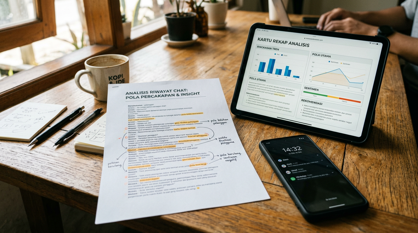 Close-up realistis sebuah meja dengan lembar percakapan tercetak, catatan yang d...