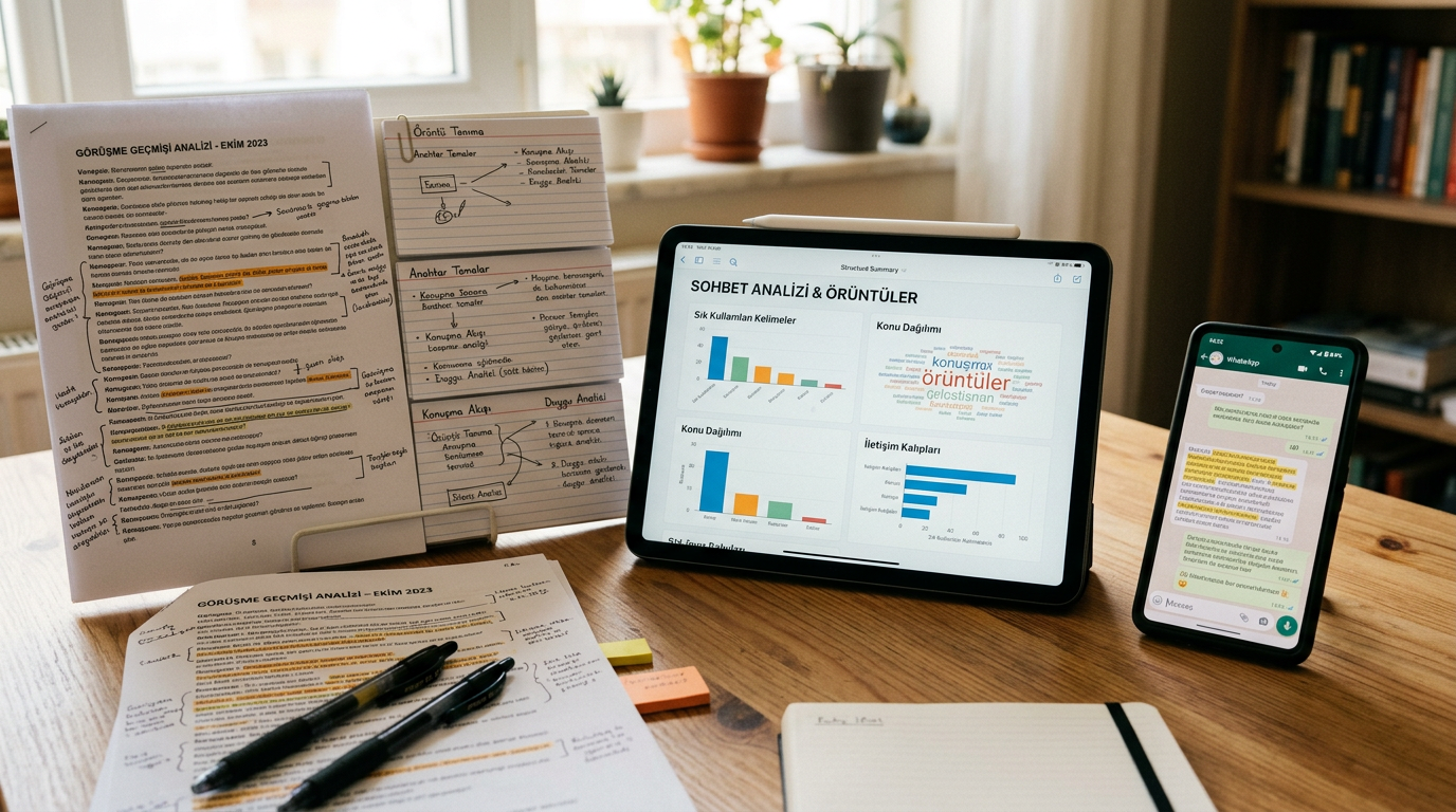 Basılı konuşma sayfaları, fosforlu notlar, yapılandırılmış özet kartları göstere...