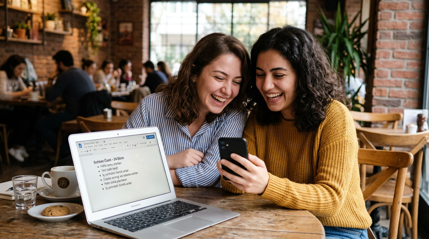 Masada oturan iki arkadaşın, yakındaki dizüstü bilgisayarda özetlenmiş bir sohbe...