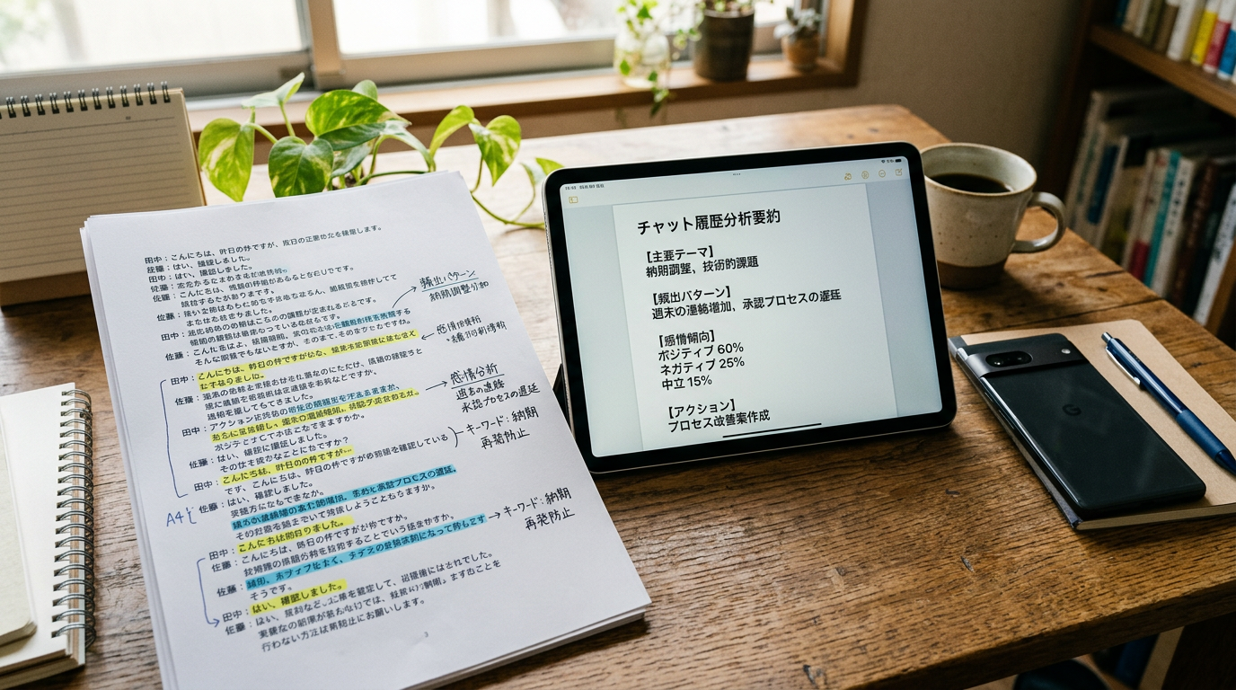 会話を印刷した紙、ハイライトしたメモ、構造化された要約カードを表示するタブレット、近くに表向きで置かれたスマートフォンが並ぶ机のリアルなクローズアップ。チャット...