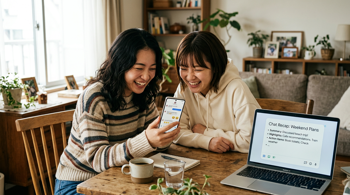 カジュアルな室内で、テーブルに座った2人の友人がスマートフォンを見ながら笑い、近くのノートPCには要約されたチャットの振り返り画面が表示されている、自然で親しみ...