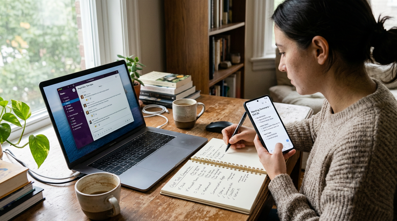 比較検討の瞬間を表現したリアルな作業空間。ノートPCには汎用的な会話ウィンドウ、ノートにはチェックリスト、スマートフォンにはすっきりした要約レイアウトが表示され...