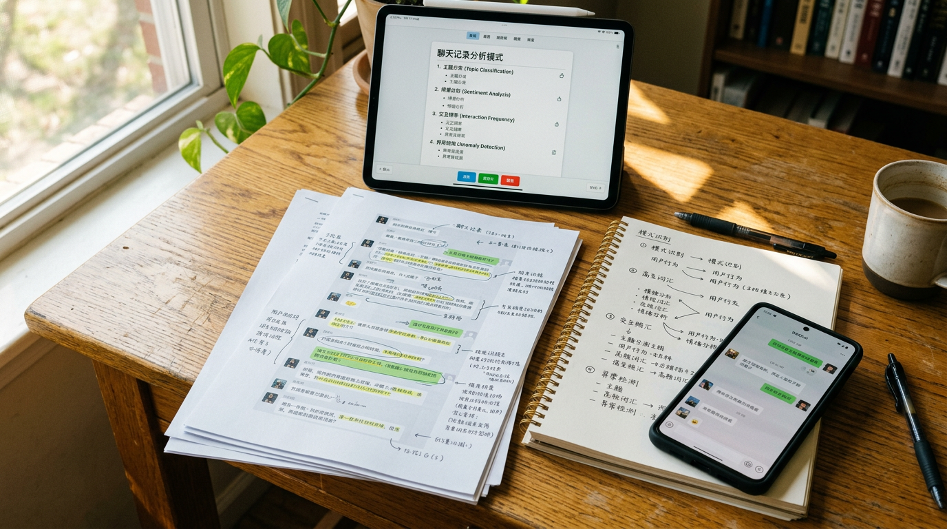真实风格的桌面特写：桌上摆放着打印出的对话页面、做了高亮标注的笔记、一台显示结构化回顾卡片的平板，以及一部正面朝上的智能手机，突出聊天记录分析与模式识别，温暖自...