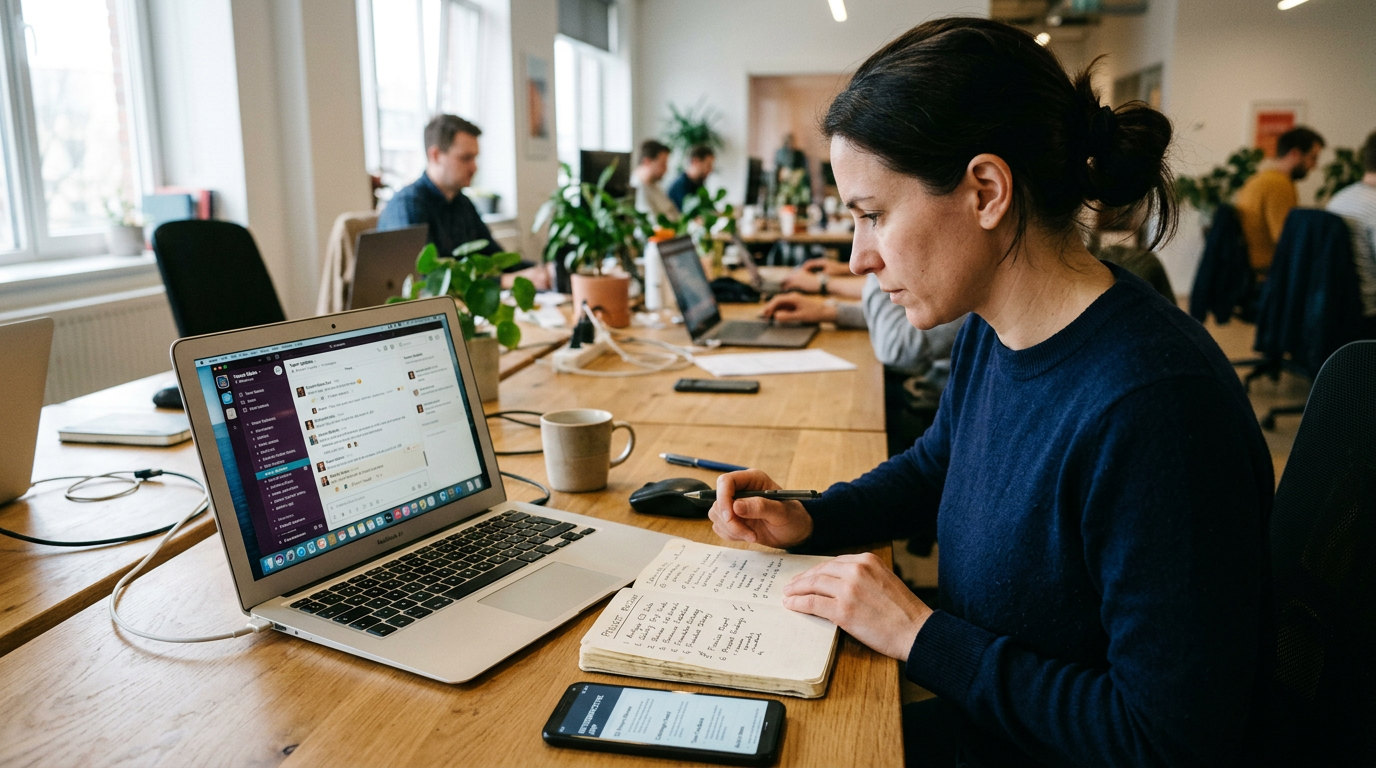 真实办公空间场景，呈现对比决策时刻：笔记本电脑上显示通用聊天窗口，笔记本上写有清单项目，一部智能手机展示干净清晰的回顾式界面，突出在通用聊天工具与专注回顾应用之...