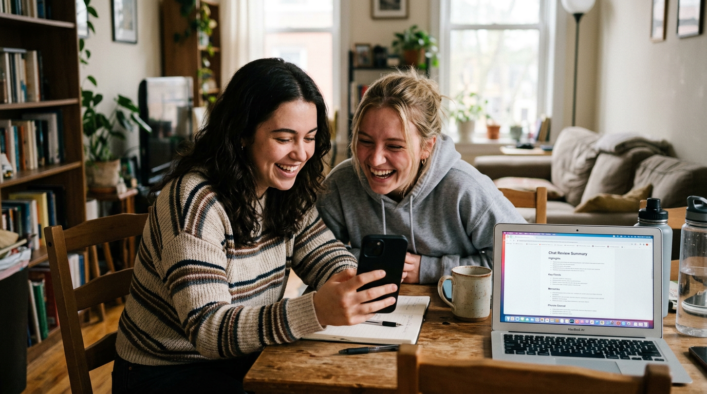 自然真实的生活场景：两位朋友坐在桌边，一边看手机一边发笑，旁边的笔记本电脑显示聊天回顾摘要，室内环境轻松随意，人物表情自然抓拍，写实摄影风格，无文字叠加、无水印...