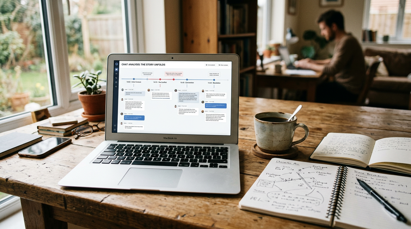 A realistic workspace scene with a laptop displaying a clean timeline-style conv...