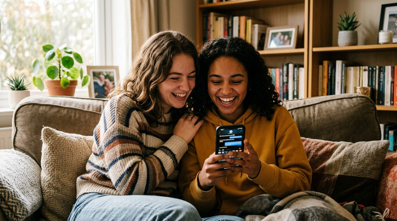 A candid indoor scene of two friends looking at a phone together and reacting to...