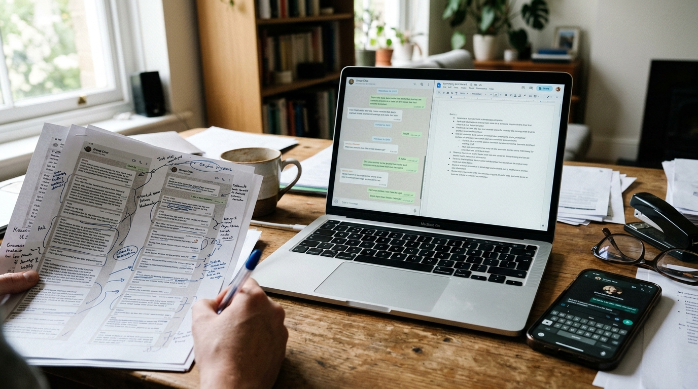 A close, realistic view of a desk with printed notes, a laptop, and a smartphone...