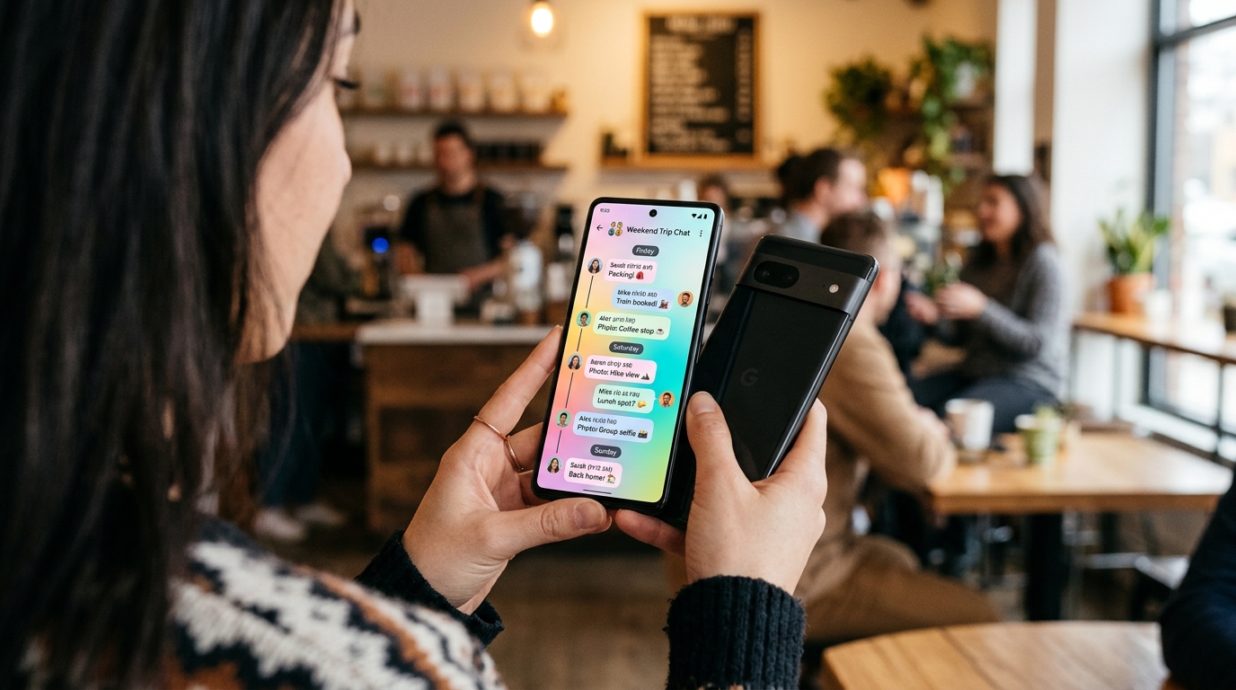 A close-up, over-the-shoulder shot of a person holding a modern smartphone.