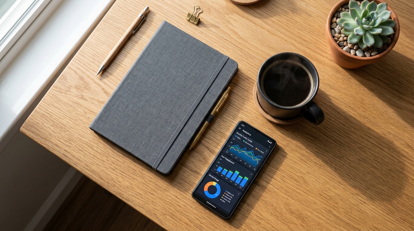 A top-down view of a sleek wooden desk with a closed notebook, a cup of black co...