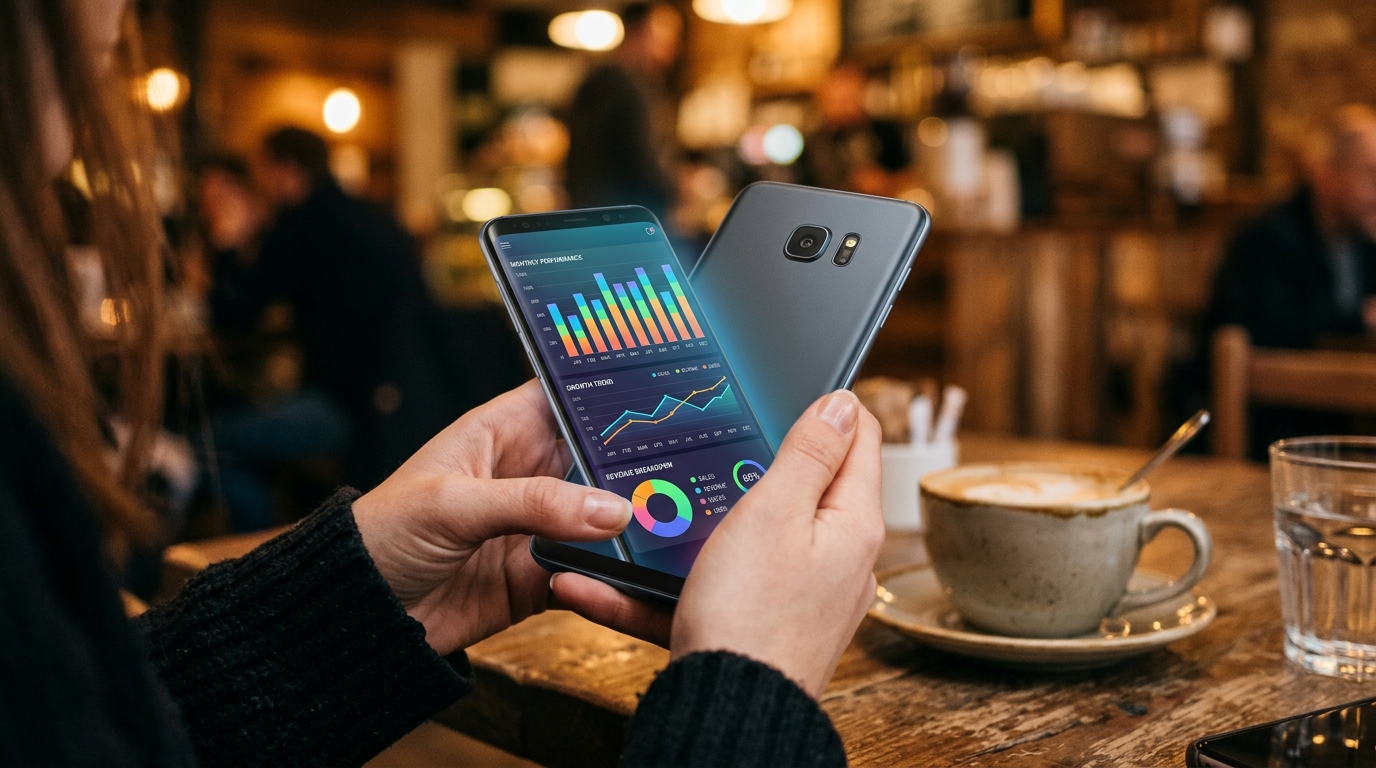 A close-up of a person's hands holding a modern smartphone, viewing a colorful, ...