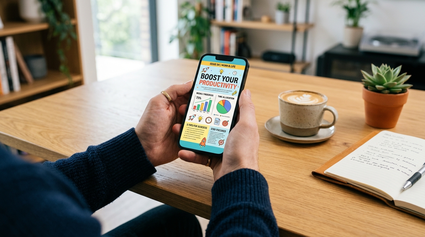 A clean, modern workspace scene showing a person's hands holding a smartphone di...