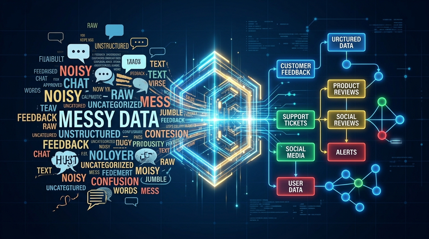 一张概念插图，展示了左侧杂乱的文字云和气泡被吸入中间发光的几何过滤器中...