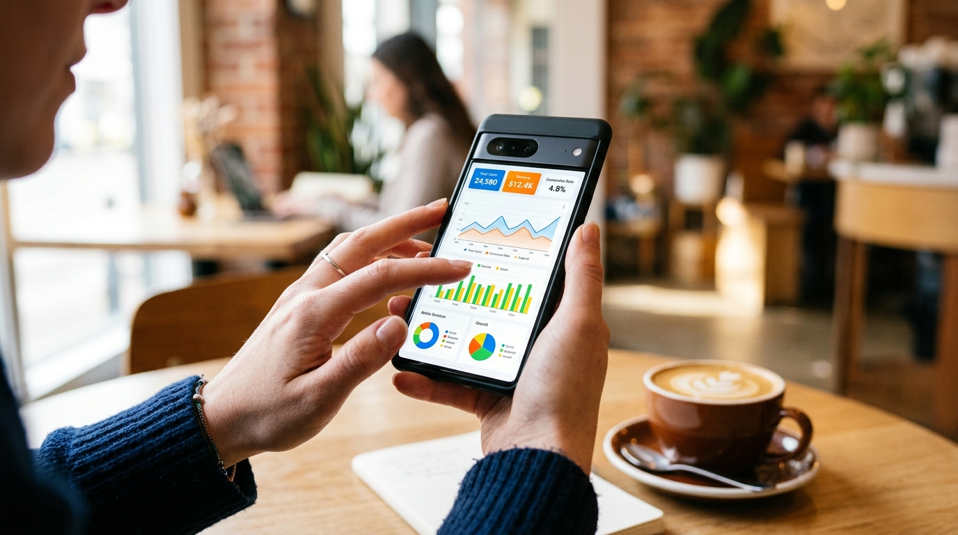 एक अच्छी रोशनी वाले कैफे में आधुनिक स्मार्टफोन पकड़े हुए एक व्यक्ति के हाथों का क्लोज-अप शॉट